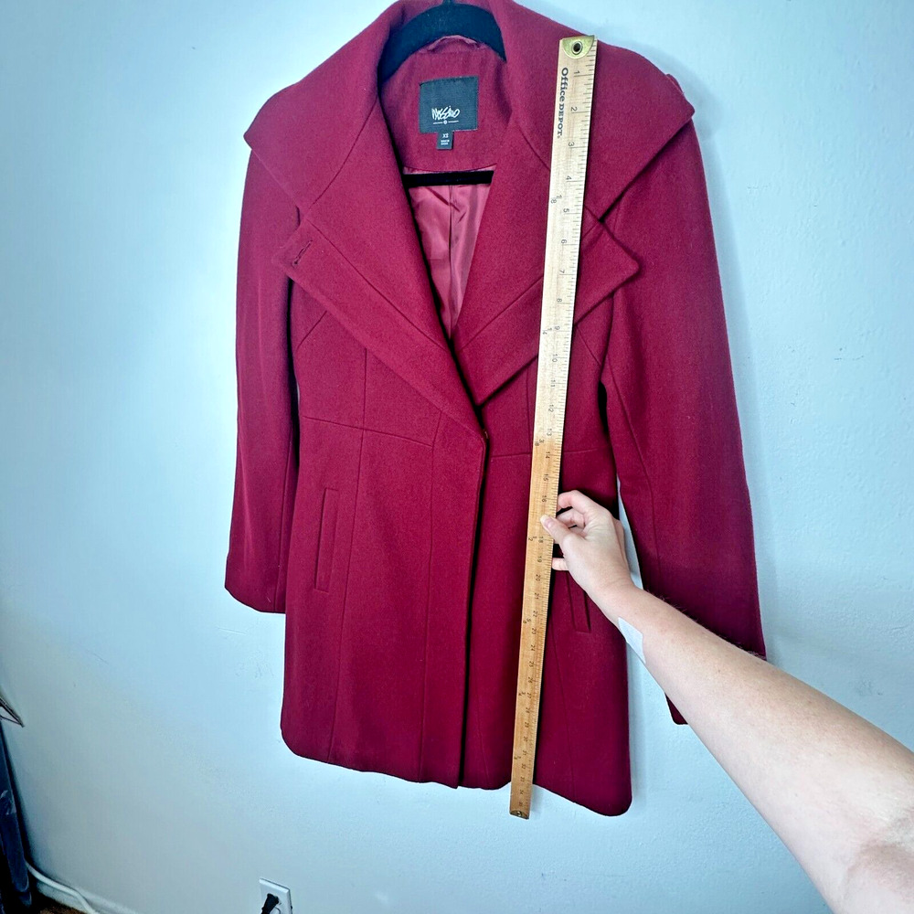 Mossimo Burgundy Red Wool Fitted Long Line Front two Button Coat Welt Pockets XS - Picture 11 of 13